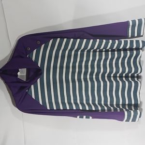 XL purple with blue and white striped cowl neck top with patches on elbows